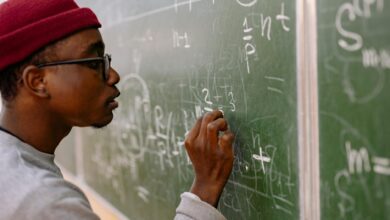 teacher writing on chalkboard